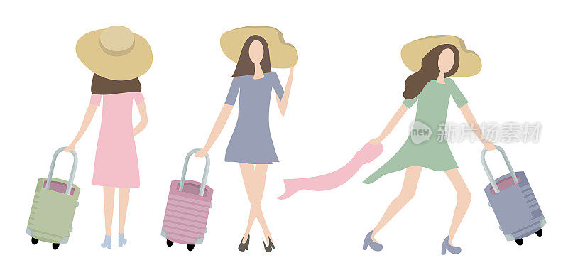 Elegant girls with a suitcase go on a trip, they will have an unforgettable holiday. In a beautiful dress, high heels shoes and a big hat from the sun. Flat design